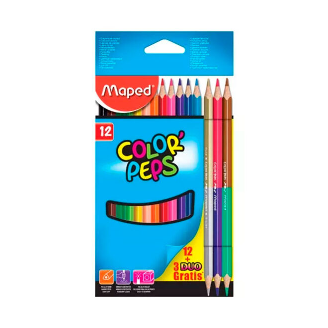 Lápis de Cor 12 Cores + 3 Lápis Duo Color Peps Maped